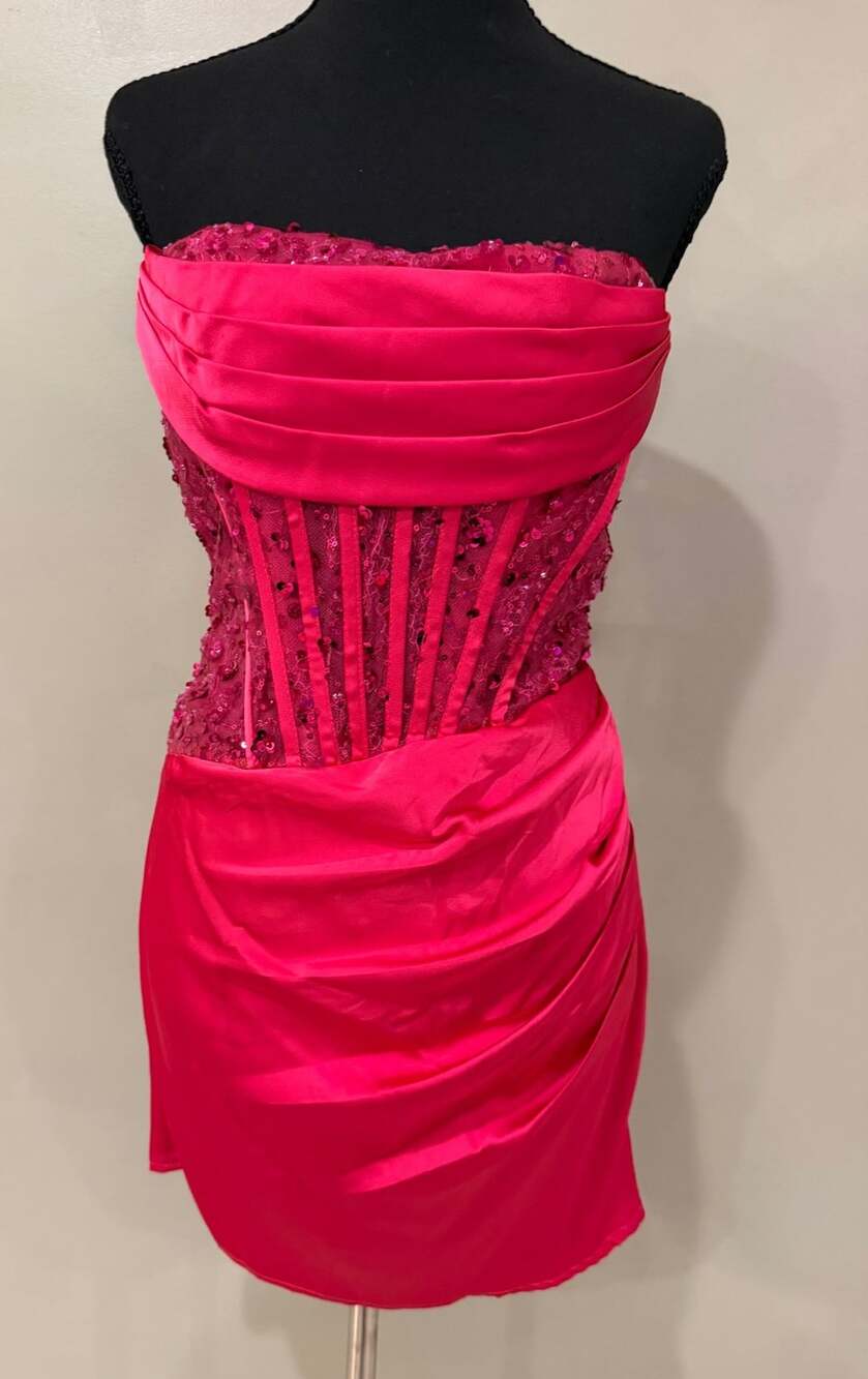 Strapless Beaded Corset Homecoming Dress with Pleats and Side Drape